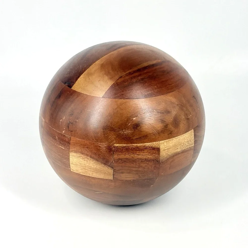 Vintage Segmented Wood Sphere Decorative Orb 6 Inch MCM Geometric Wooden Ball